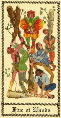 The Medieval Scapini Tarot. Аркан Пятерка Жезлов.